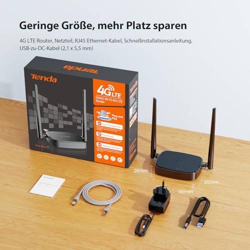 Tenda 4G03 Pro LTE-Router, Nano-SIM, N300 WLAN, 2 Antennen, Schwarz