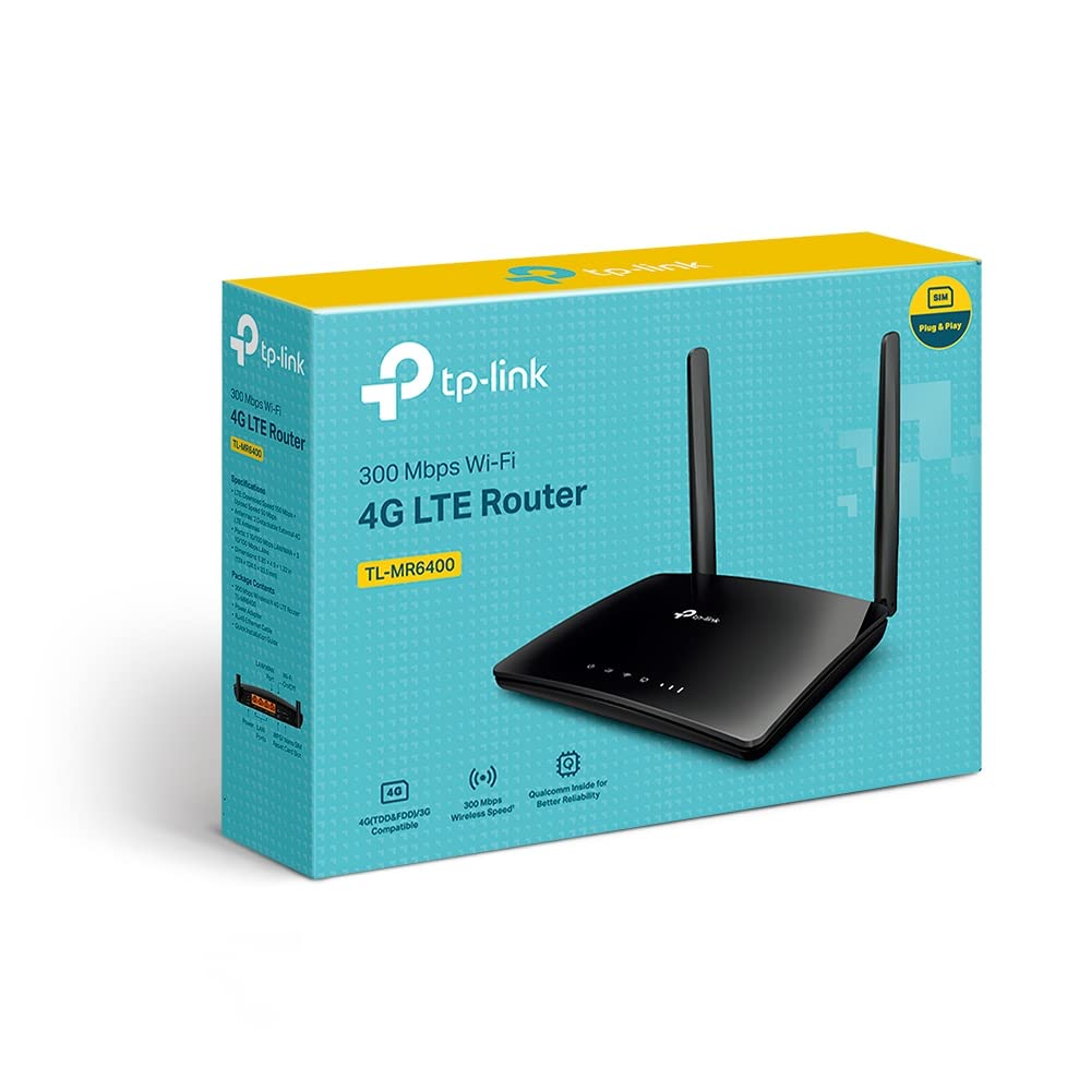 TP-Link TL-MR6400 LTE-Router, 4G-SIM, 150 Mbit/s, N300 WLAN, 4x LAN, Gastnetz, Schwarz