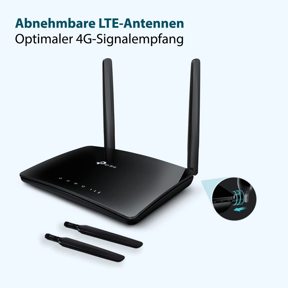 TP-Link TL-MR6400 LTE-Router, 4G-SIM, 150 Mbit/s, N300 WLAN, 4x LAN, Gastnetz, Schwarz