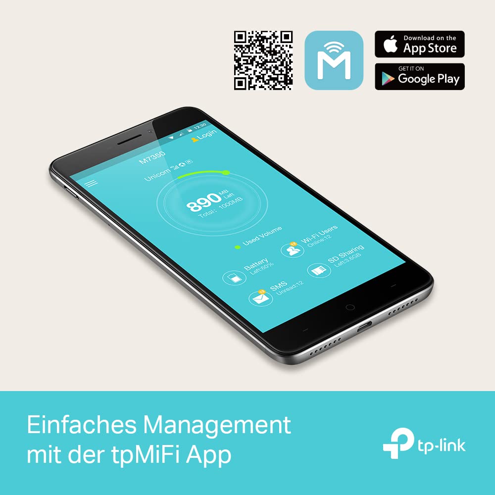 TP-Link M7350 4G MiFi Router, CAT4, 150 Mbit/s, 2000mAh Akku, 10 Geräte, Schwarz