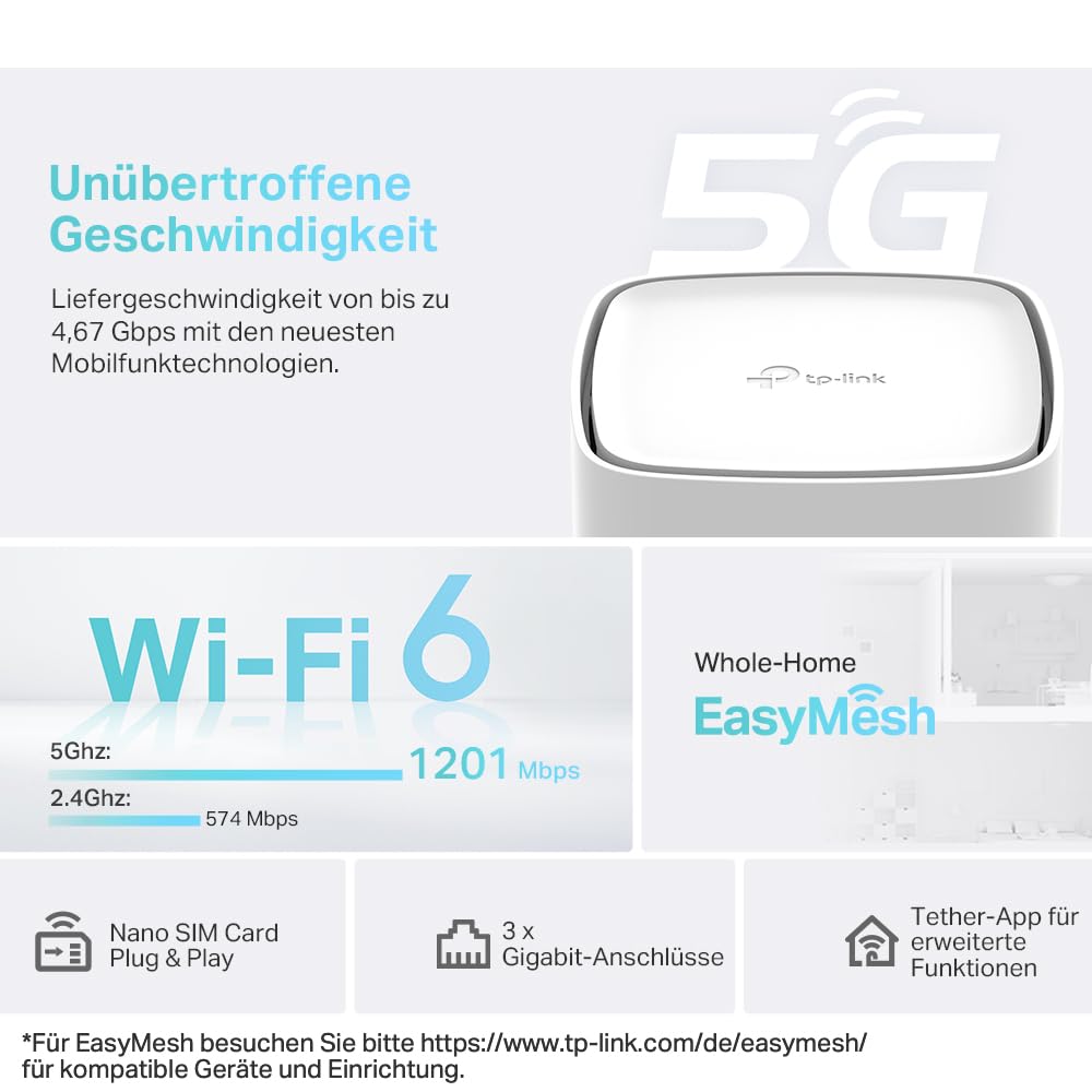 TP-Link Archer NX200 5G LTE Router, AX1800 WLAN, 3x Gigabit, Plug &amp; Play