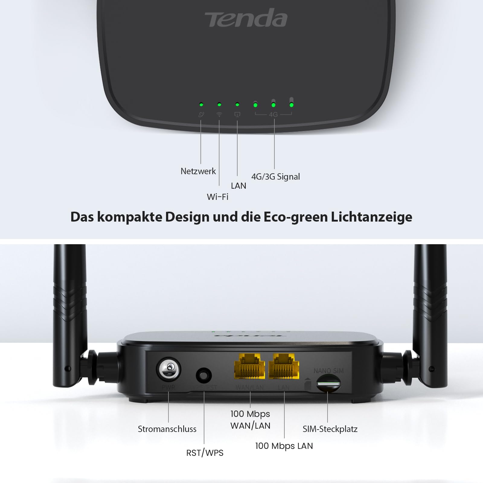 Tenda 4G03 Pro LTE-Router, Nano-SIM, N300 WLAN, 2 Antennen, Schwarz