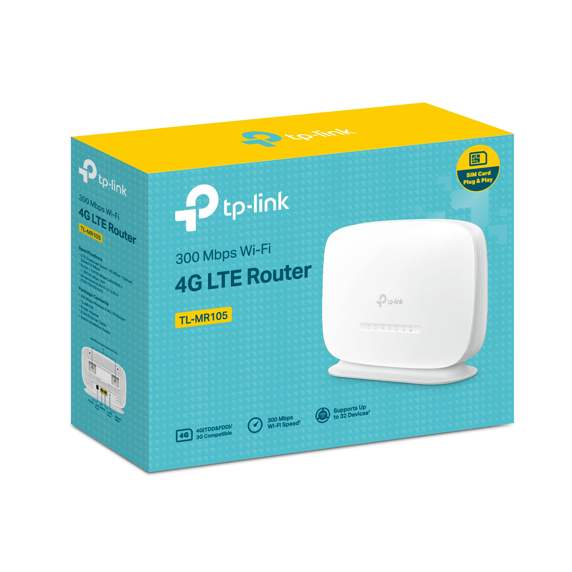 TP-Link TL-MR105 LTE-Router, 4G Nano-SIM, 150 Mbit/s, WLAN N300, 2x LAN, Gastnetz, Plug &amp; Play