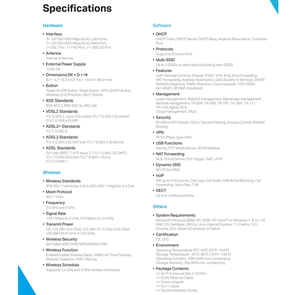TP-Link VX231v VDSL-Modemrouter, Wi-Fi 6, AX1800 Dual-Band, 4× Gigabit, kompatibel mit Telekom, O2, 1&amp;1